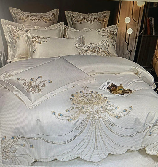 Luxurious feather embroidery Egyptian cotton champagne light yellow patchwork duvet cove