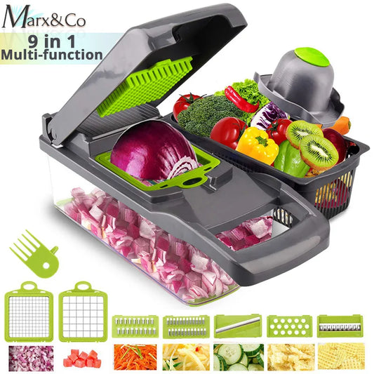 Multifunctional Vegetable Cutter & Slicer Carrot Potato Grater Onion Chopper 9 in 1 with Drain Basket Kitchen Fruit Food Gadgets