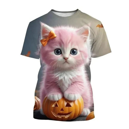 Fashion New Kawaii Cat Graphic T Shirts For Unisex Summer Trend Casual Personality Men Printed Harajuku Streetwear Cute Kids Tee