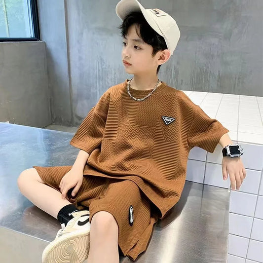 Fashion Boys Summer Sets 2024 New Teenager Casual Outfits Children Trends Clothes Suits Kids Short Sleeves Tops+Baggy Pants 2Pcs