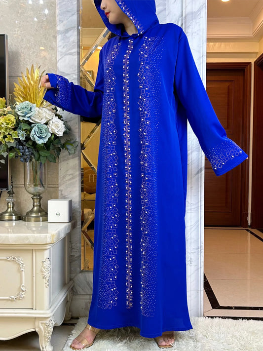 2023Abaya Muslim Maxi Long Sleeve Dress With Cap Women Diamond Arab Dubai Islamic Clothing Autumn New Loose Casual Turkey Robe
