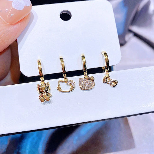 MIGGA 4pcs Cute Cartoon Bowknot Cat Hanging Hoop Earrings Set for Women Gold Color Cubic Zircon Gift Jewelry
