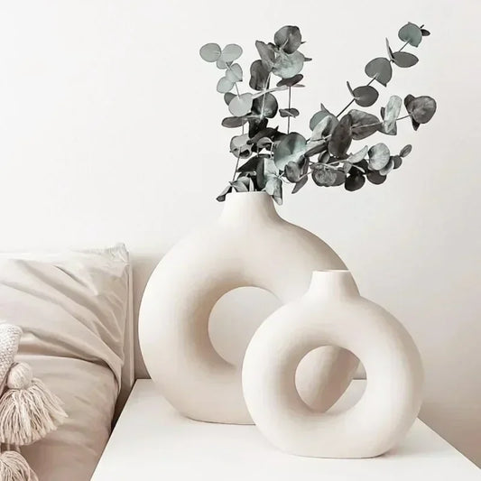 Nordic Vase Circular Hollow Ceramic Flower Vase for Home Living Room Decoration Accessories Interior Office Desktop Decor Gift