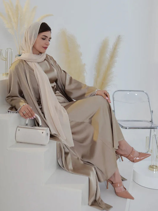 Eid Abaya Dress for Women Beading Woman Silky Satin Party Abayas Set 2 Piece Ramadan Saudi Arabic Dresses Robe Caftan Kaftan