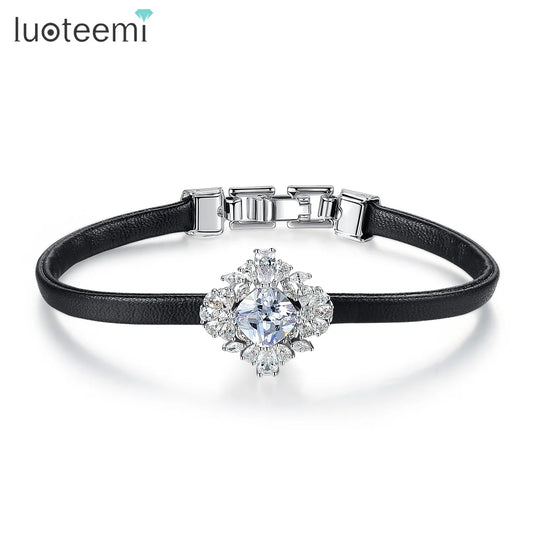 LUOTEEMI Trending Black PU Leather Bracelets for Women Clear Cubic Zirconia Handmade Top Quality Accessories Student Gifts