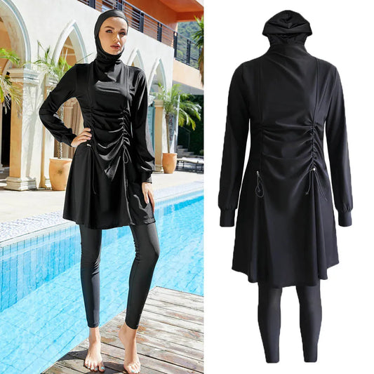 Modest Full Cover Muslim Swimwear Women Burkinis Sets Arab Islamic Beachwear Swimsuit 3 Pieces Suit Summer Black Bathing Clothes