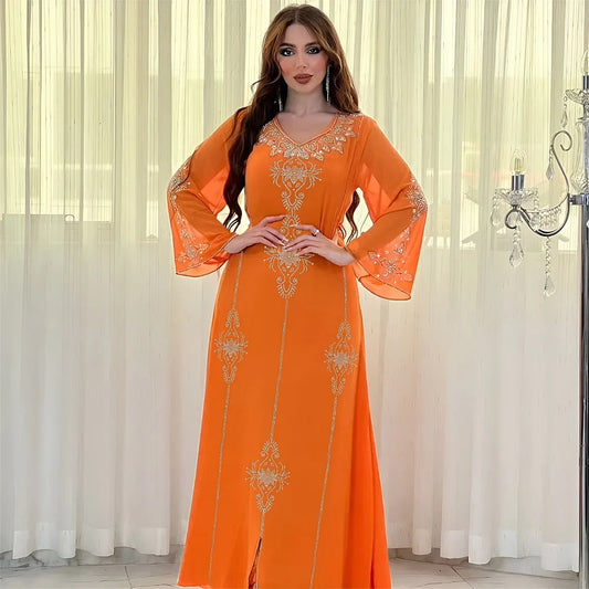 Polyester Muslim Abaya for Women Summer Elegant Orange Blue Pink Green Muslim Women Long Sleeve V-neck Polyester Long Abaya