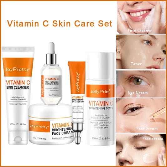 JoyPretty Vitamin C Face Whitening Skin Care Set Glowing Dark Spots Remover Cream Serum Deep Cleaning Toner Facial Skincare Kits