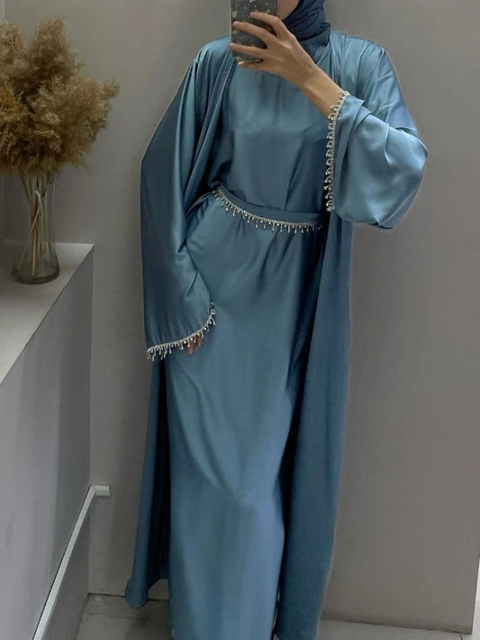 Satin Open Abaya Beads Kimono Muslim Dress Plain Abayas for Women Dubai Luxury Turkey Party Kaftan Robe Ramadan Islamic Clothes