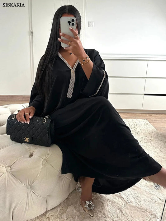Siskakia Moroccan Abaya Fashion Solid Chic Diamonds V-Neck Batwing Sleeve Casual Loose Muslim Dresses For Women